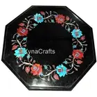 Floral Design Inlay Work Corner Side Table Octagon Black Marble Coffee Table Top