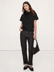 BANANA REPUBLIC L Oversized Cotton Poplin Funnel-Neck Top Large Black NEW 742599