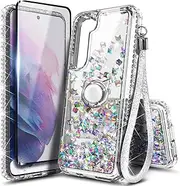 [NGB Supremacy] Compatible with Samsung Galaxy S23 FE Case (Not Fit S23) with Tempered Glass Screen Protector, Ring Holder/Wrist Strap, Liquid Floating Glitter Cute Case (Crystal Gem)