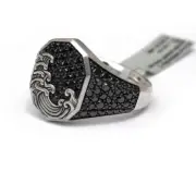 New DAVID YURMAN Men's Waves Signet Ring in Black Diamond and Silver Size 13