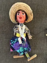 Mexican Marionette Puppet Colorful Straw Hat Toy Handmade