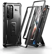 [Dexnor] Full Body Case for Samsung Galaxy S23 Ultra【Double Front Frame & Kickstand】, Bumpershock Technology Drop Protection Rugged Phone Cover Shockproof Protective Bumper Case - Black