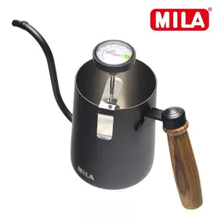 【MILA】木柄鶴嘴不鏽鋼手沖壺、細口壺600ml 加 MILA溫度計(超值優惠組)