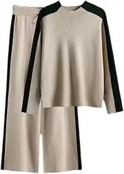 [Generic] Women's Patchwork Knitted Pullovers Sets Crew Neck Long Sleeve Knit Tops Drawstring Waist Wide Leg Pants Tracksuits