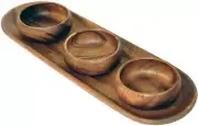 Pacific Merchants Acacia Wood 16.5" Baguette/Bread Tray with 3- 4" Dipping Bowls