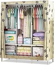 Portable Canvas Wardrobe, Foldable Clothes Closet Storage Organizer with Hanging Rail, Shelves, Side Pockets, Fabric Wardrobe for Clothes, Bags,125x45x168cm
