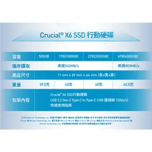 美光Micron Crucial X6 4TB 外接式SSD 行動硬碟Type-C 盒裝公司貨 CT4000X6SSD9