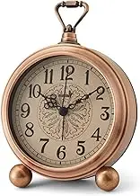 FLOITTUY 4.5" Battery Operated Antique Retro Analog Metal Alarm Clock, Silent Bedside Desk Clock, Wall-Hanging Vintage Clock(Vintage Bronze)