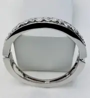 Vintage 90s Silver Tone Bezel Set CZ Hinged Bangle Bracelet 7 1/2”