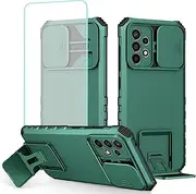 [Tothedu] Case for Galaxy A73 5G Case/Samsung A73 5G SM-A736B Case with Tempered Glass Screen Protector and Slide Camera Cover, Kickstand Slim Protective Phone Cover for Samsung Galaxy A73 5G Dark Green