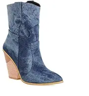 [DMBHY] Platform Women's Stacked Block Heel Booties Pointed Toe Slip On Snake Print Mid Calf Boots Western Cowgirl Boots (Color : Blue, Size : 5.5)