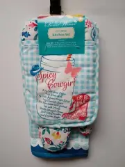 Pioneer Woman Spicy Cowgirl 3 Pcs Kitchen Set Oven Mitt, Potholder & Towel Blue