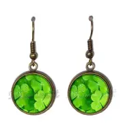 Green Clover Pattern - Handmade Resin Dangling Earrings ANTIQUE BRONZE