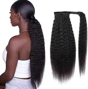 Feelgrace 16inch Kinky Straight Clip in Ponytail Extensions Natural Black Brazilian Wrap Around Pony Tail Hair Extensions Remy Human Hair 130G
