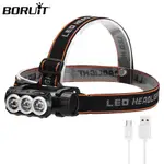 BORUIT LED 強力頭燈 3 模式 USB 可充電防水頭燈
