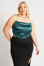 Green Satin Cami Top Cowl Neck Diamante Strap