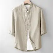 Men's Shirt Linen Shirt Casual Shirt Button Up Shirt Cotton Shirt Plain Vacation Hawaiian White Navy Blue Light Grey Beige 3/4 Length Sleeve Band Collar Summer