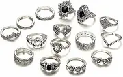 [colobublie] Boho Stackble Joint Knuckle Ring Set Vintage Sunflower Hollow Lotus Butterfly Carved Flowers Teardrop Crystal Black Stone Midl Finger Antiqued Silver Rings for Women Men Punk Rock Hip Hop Party