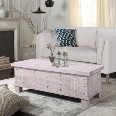 ISLA MANGO STORAGE COFFEE TABLE WHITE DISTRESSED STORAGE TRUNK SANDBLAST VINTAGE
