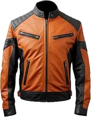 [Sumairah] Mens Motorcycle Sheepskin Coat Cafe Racer Casual Multi Zipper Pockets Stand Collar Contrast Genuine Leather Jackets