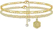 Memorjew Initial Ankle Bracelets for Women, 14K Gold Plated Double Layered Initi
