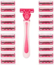 Invero 21 Pack of Ladies Three Blade Razor Set - Triple Stainless Steel Razor Blades with Comfort Lubricating Strips & Contour Movable Replaceable Heads - Suitable for Shaving All Areas of The Body