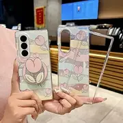 Phone Case For Samsung Galaxy Z Fold 7 Z Fold 6 Z Fold 5 Z Fold 4 Z Fold 3 Back Cover with Stand Holder Magnetic with Wrist Strap Flower Floral