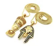 Hip Hop Iced Egyptian Pharaoh Nefertiti Pendant & 20", 24" Box Chain 2 Necklace