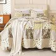 Cmfshape Romantic Patchwork Quilt Set King Size,Reversible Bedspread Coverlet 3-Piece,Floral Bed Cover Set with Pillow Shams,Lightweight Microfiber Bedding Set for All Season (Beige,102x90)