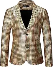 POCHY Men Sequins Blazer,Sequin Blazer Suit Disco Prom Shiny Jacket for Men | Disco Glitter Party Blazer with Attractive Two Button Suit Jacket Tuxedo for Adults Gold