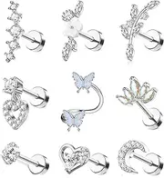 [Kakonia] 9PCS 16G Cartilage Earrings for Women - Surgical Steel Helix Piercing CZ Heart Butterfly Flower Labret Nose FlatBack Stud Earrings Tragus Jewellery Silver/Gold