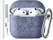 Ouwegaga Compatible with Apple AirPods 4 Case (2024), Soft Silicone Flower Print Engraved Full Protective Cover for AirPods 4 Case with Keychain and Cleaner Kit for Women Men, Blue Gray