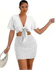 [LYANER] Women's 2 Piece Outfits Tie Knot Front Ruffle Short Sleeve Crop Top and Mini Skirt Set