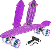 BELEEV Skateboard Complete 22 x 6 Inch Mini for Kids Teens Beginners LED Light Up Wheels PU with T-Tool for Roller Skates All in One Skateboard 55cm