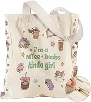 [Miss Adola] Large Canvas Tote Bag for Women - with Zipper and Inner Pocket Aesthetic Cute Shoulder Bag for Shopping Daily