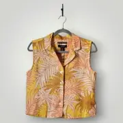 Tahari Top Womens S Tropical Leaf Print Linen Sleeveless Blouse Boho Vibes New
