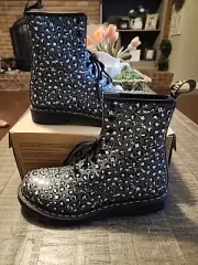 DOC Dr MARTENS GUNMETAL 1460 LOUD LEOPARD Leather Lace Up Boots Sz 10 Womens