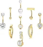 [Kakonia] 9 Pcs Gold Belly Button Ring Surgical Stainless Steel Belly Rings CZ Opal Pearl Belly Button Ring Clicker Belly Piercings for Women Navel Piercings Pack Silver/Gold