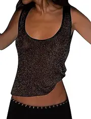 [AIHUKOCY] Women Sexy Fishnet Knit Glittering Scoop Neck Crop Tank Going Out Top Sheer Mesh Solid Slim Cropped Vest Cami Tops, Black, Large