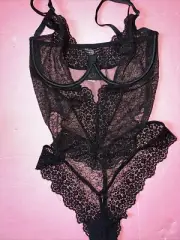 Victoria's Secret 34D/75D thong TEDDY BODYSUIT One-piece BLACK LACE MESH