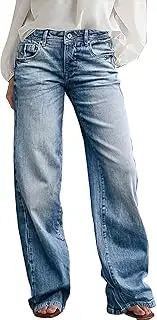 [Flamingals] Wide Leg Jeans for Women Mid Waist Baggy Stitch Decor Denim Washed Pants Without Belt, Light Blue, Small