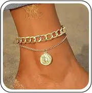 [Cybche] Vintage Layered Coin Ankle Bracelet Gold Chunky Cuban Link Chain Anklet Portrait Medallion Pendant Anklet Summer Beach Layered Disc Foot Chain Hip Hop Jewelry for Women