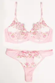 Pink Floral Embroidery Lingerie Set