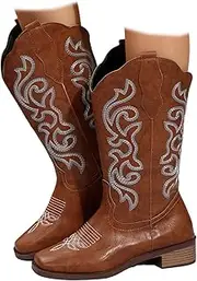[ZJWBB] Western Cowboy Boots for Women|Mid Calf Cowgirl|Embroidered Pointed Toe Chunky Heel Pull On Knee High Boots