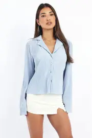 Blue Plisse Shirt Long Sleeve Lapel Collar Button Up - Size 14L, Women's Shirt