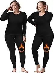 Patelai 2 Sets Plus Size Long Thermal Underwear for Women Fleece Lined Base Layer Pajama Top and Bottom Cold Weather