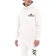Replay Mens Crew Fleece Archive Logo Hoodie w/ Button Collar White