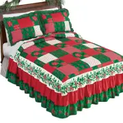 Collections Etc Mistletoe Patchwork Triple Ruffle Holiday Bedspread Multi Full