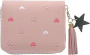 [KESYOO] PU Leather Wallet Short Zipper Purse Heart Pattern Tassel Clutch Bag Card Cash Holder for Women Girls Pink