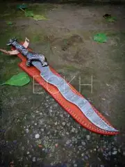 EGKH-Remarkable Hand Made Damascus Steel Dragon Sword with Leather Sheath.